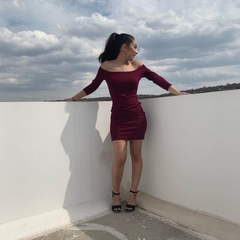 a'gaci Burgundy Off-Shoulder Mini Dress